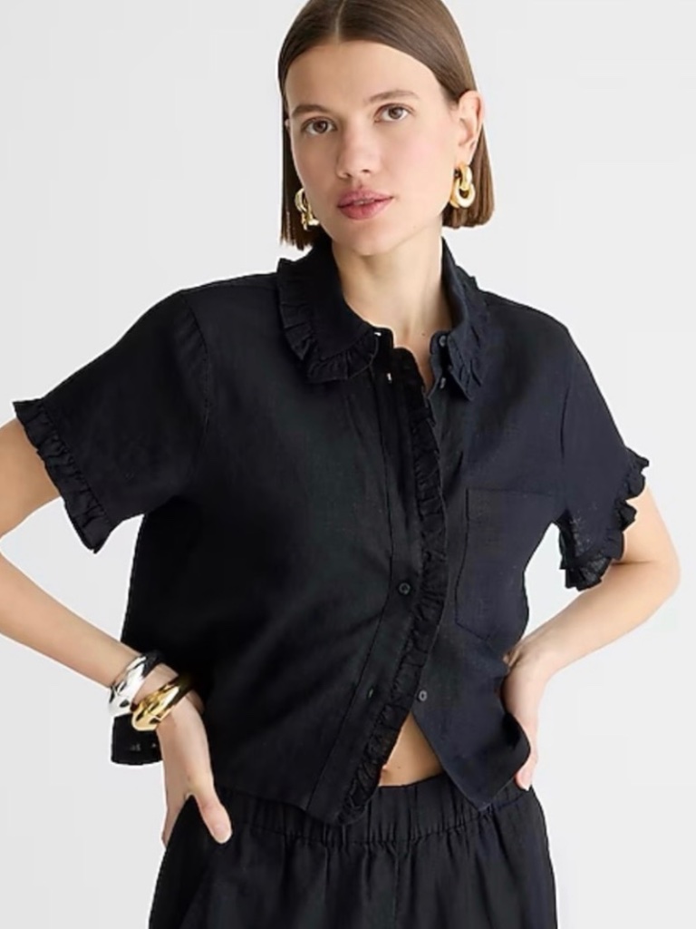 J. Crew Black Linen Ruffle Button Down Crop Shirt - L